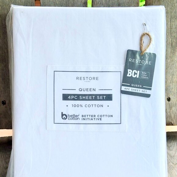 Restore Home 100% Cotton Percale QUEEN Size Sheet SetSOLID BRIGHT WHITE